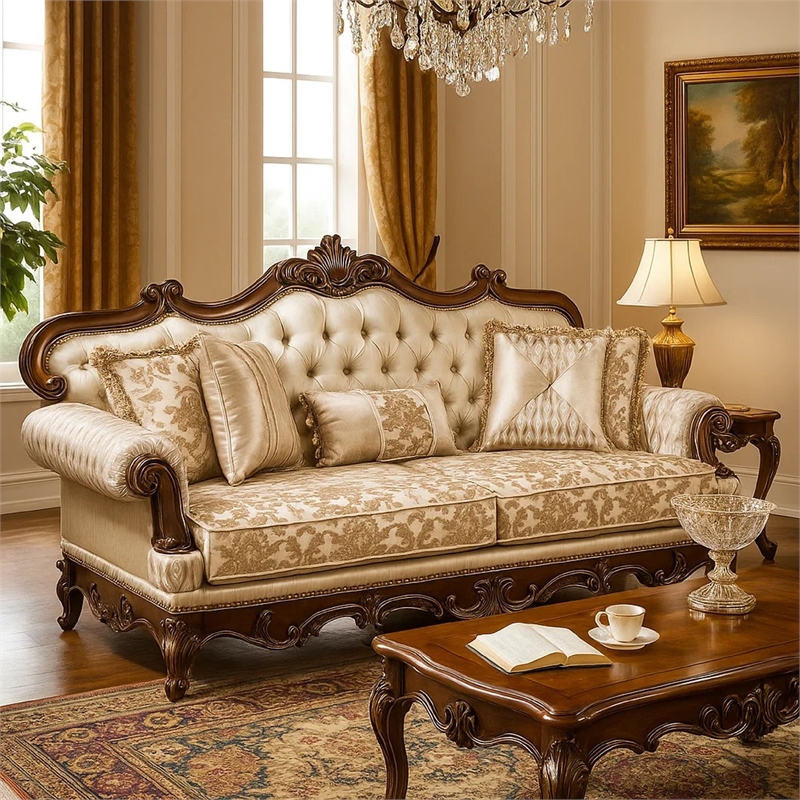 Hesar Sofa- 5 Pillows- Vintage Style Chenille Tufted- Cherry Brown Wood Frame
