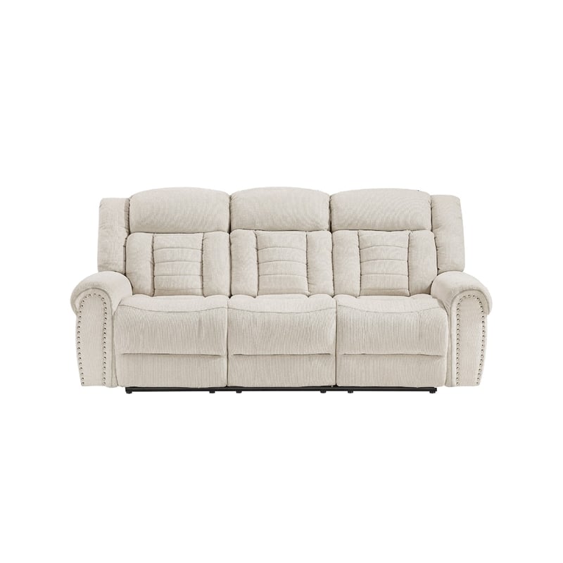 Reo Double Manual Reclining Sofa with Nailhead Trim- Beige Chenille
