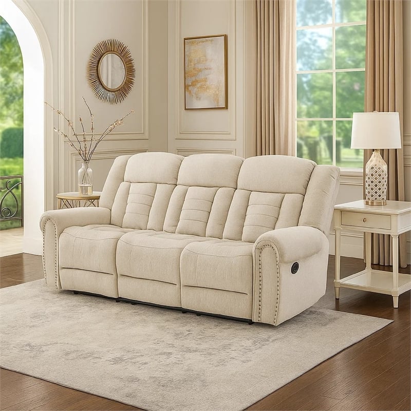 Reo Double Manual Reclining Sofa with Nailhead Trim- Beige Chenille