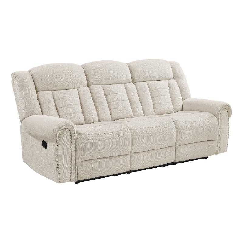 Reo Double Manual Reclining Sofa with Nailhead Trim- Beige Chenille