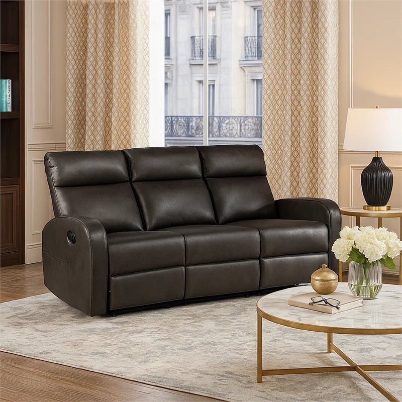 Mey Wall Hugger Manual Recliner Sofa- Dark Brown Faux Leather 71 Inch