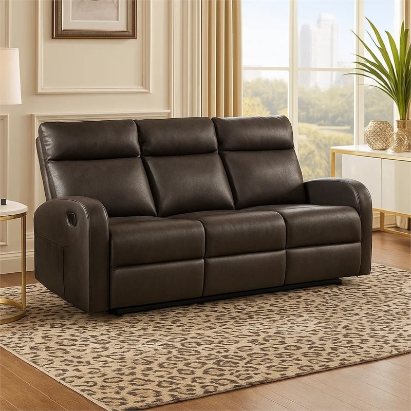 Mey Wall Hugger Manual Recliner Sofa- Dark Brown Faux Leather 71 Inch
