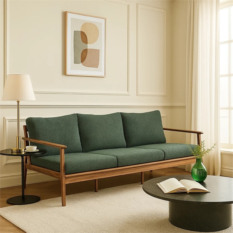 Anya Outdoor Sofa- Natural Brown Wood- Moss Green Cushions- 89 Inch