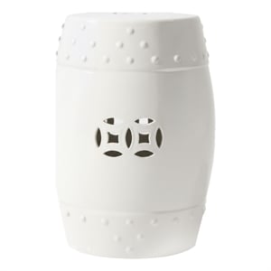 Garden Accent Stool- 17 Inch Round Drum Shape- White Ceramic- Cut Out Details