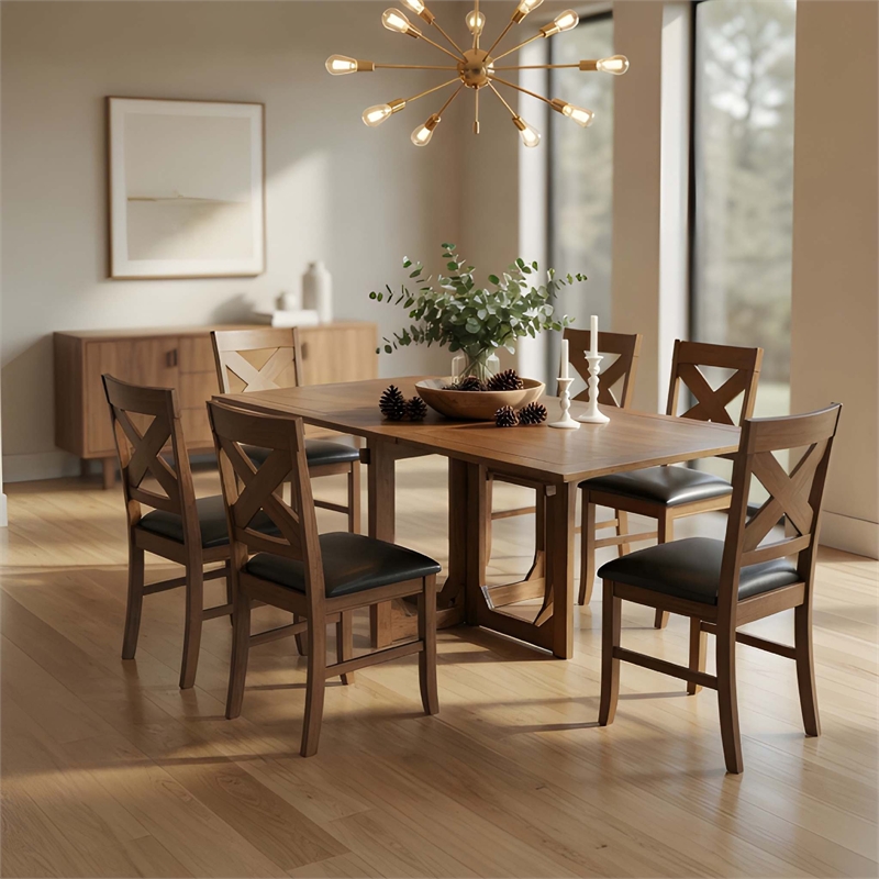 Hosa 7pc Rectangular Dining Table Set- Faux Leather Seats- Brown Mango Wood