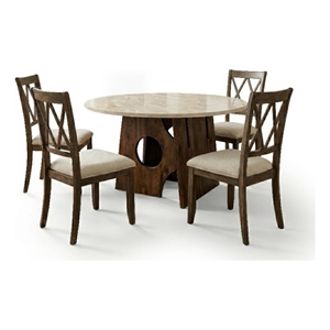 Jesa 5pc Round Dining Table Set- White Botticino Italian Marble- Walnut Brown