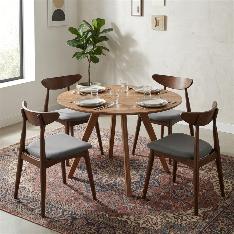 Kios 5pc Round Dining Table Set- Splayed Legs- Curved Back- Brown