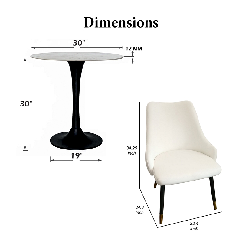 Kema 5pc Dining Table Set- Tulip Pedestal Base- Round White Marble- Black