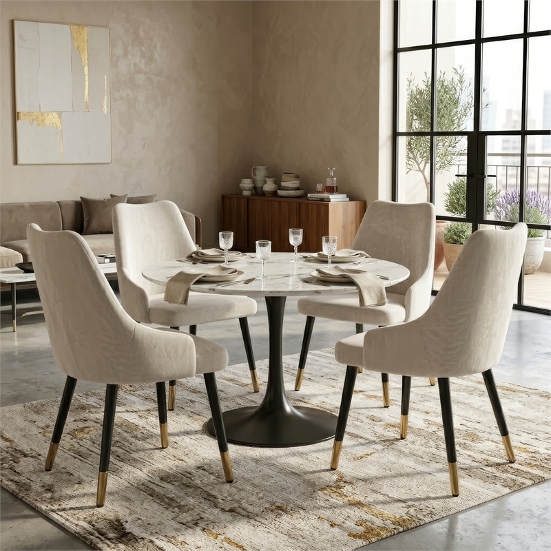 Kema 5pc Dining Table Set- Tulip Pedestal Base- Round White Marble- Black
