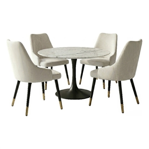 Kema 5pc Dining Table Set- Tulip Pedestal Base- Round White Marble- Black