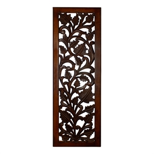 Mango Wood Wall Panel Hand Crafted with Leaves and Scroll Work Motif- Brown