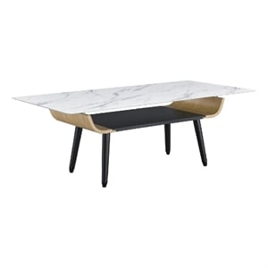 Nue Coffee Table- 47 Inch 3D Printed Glass Marble- Curved Shelf- White