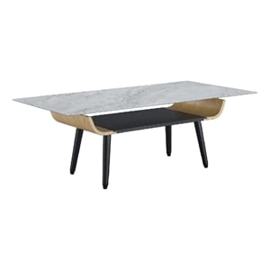 Nue Coffee Table- 47 Inch 3D Printed Glass Marble- Curved Shelf- Gray