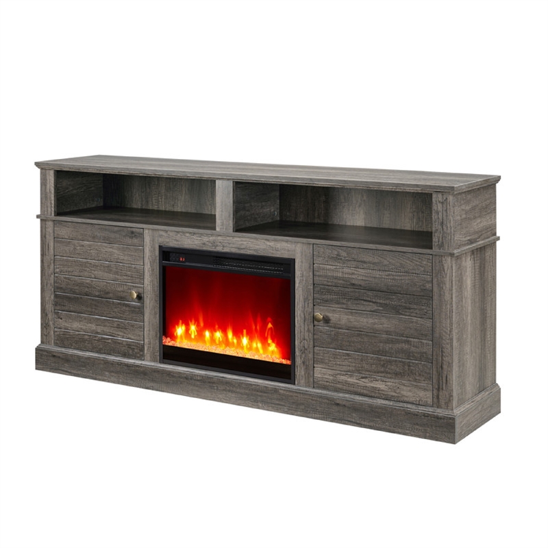 Rera TV Stand Media Cabinet Electric Fireplace Heater- 70 Inch Walnut Gray