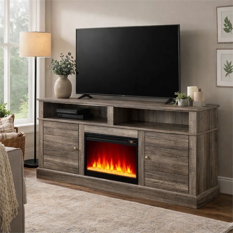 Rera TV Stand Media Cabinet Electric Fireplace Heater- 70 Inch Walnut Gray