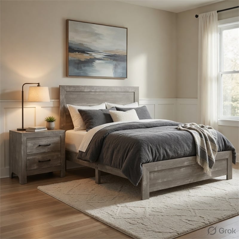 Queen Size Bedroom Set-Gray-Panel Headboard- 2-Piece Set with Bed and Nightstand