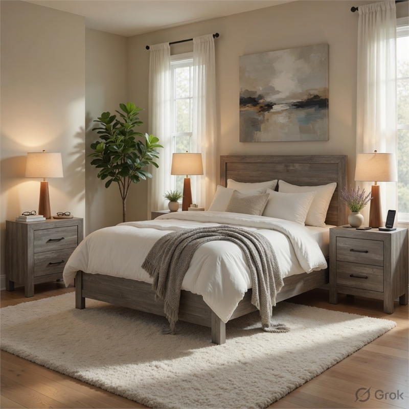 Queen Size Bedroom Set-Gray-Panel Headboard- 3-Piece Set with Bed and Nightstand