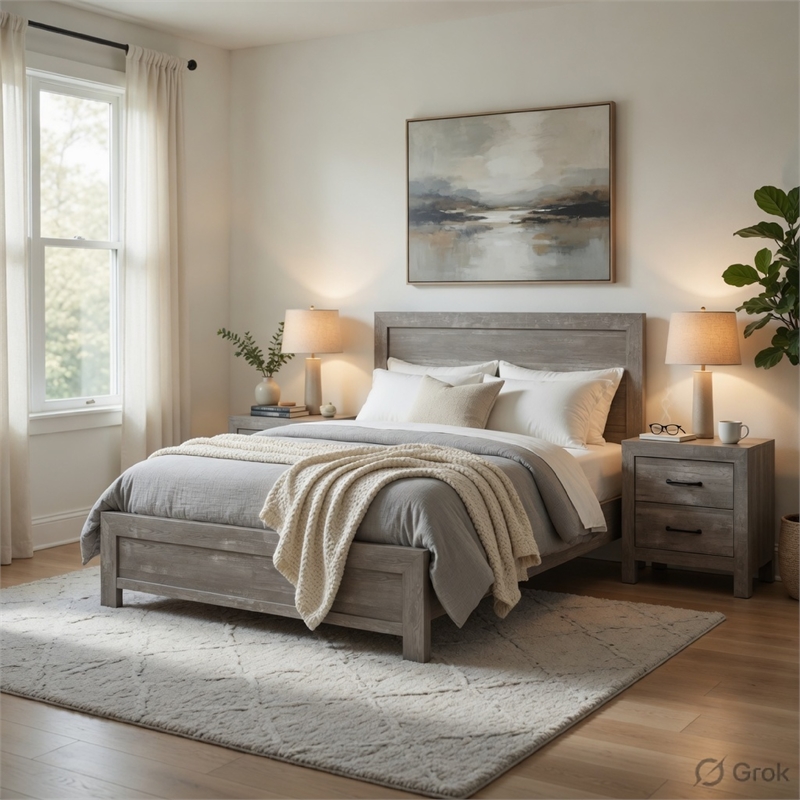 Queen Size Bedroom Set-Gray-Panel Headboard- 3-Piece Set with Bed and Nightstand