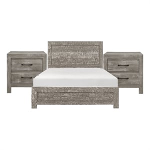 Queen Size Bedroom Set-Gray-Panel Headboard- 3-Piece Set with Bed and Nightstand