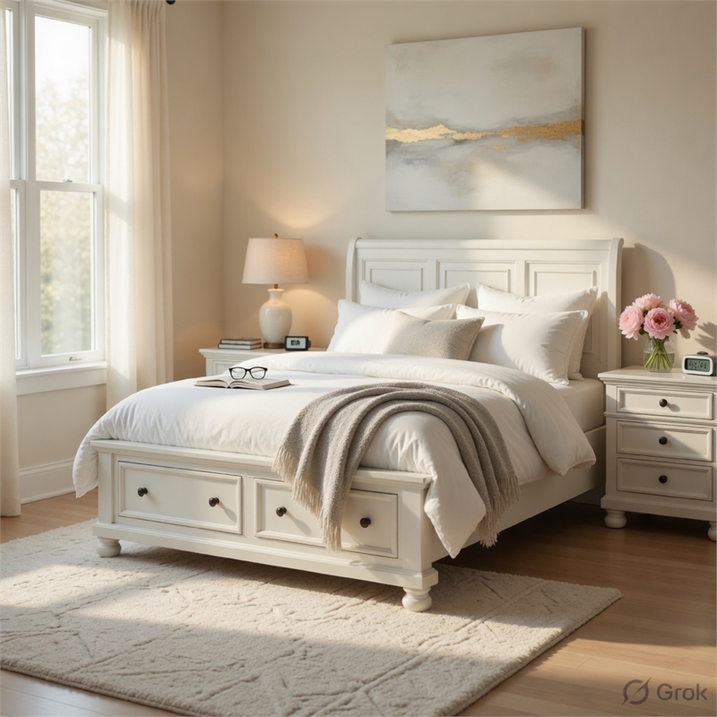 Queen Bedroom Set-White-Storage Bed with Drawer-3-Piece with Bed-Two Nightstands