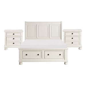 Queen Bedroom Set-White-Storage Bed with Drawer-3-Piece with Bed-Two Nightstands