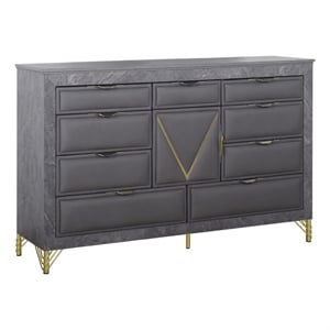 Semy Wide Dresser- 10 Drawers- 1 Cabinet- Charcoal Gray Wood- Gold