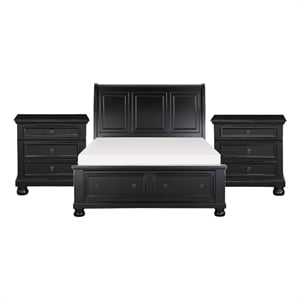 Queen Bedroom Set-Black-Storage Bed with Drawer-3-Piece with Bed- Two Nightstand