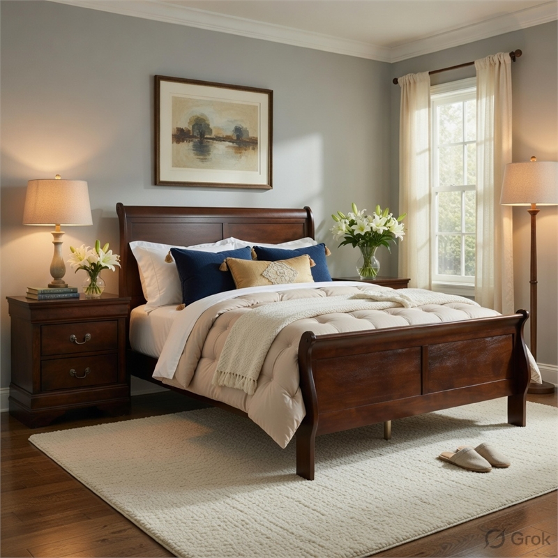 Queen Size Bedroom Set- Brown Finish- 2-Piece Set with Bed and Nightstand
