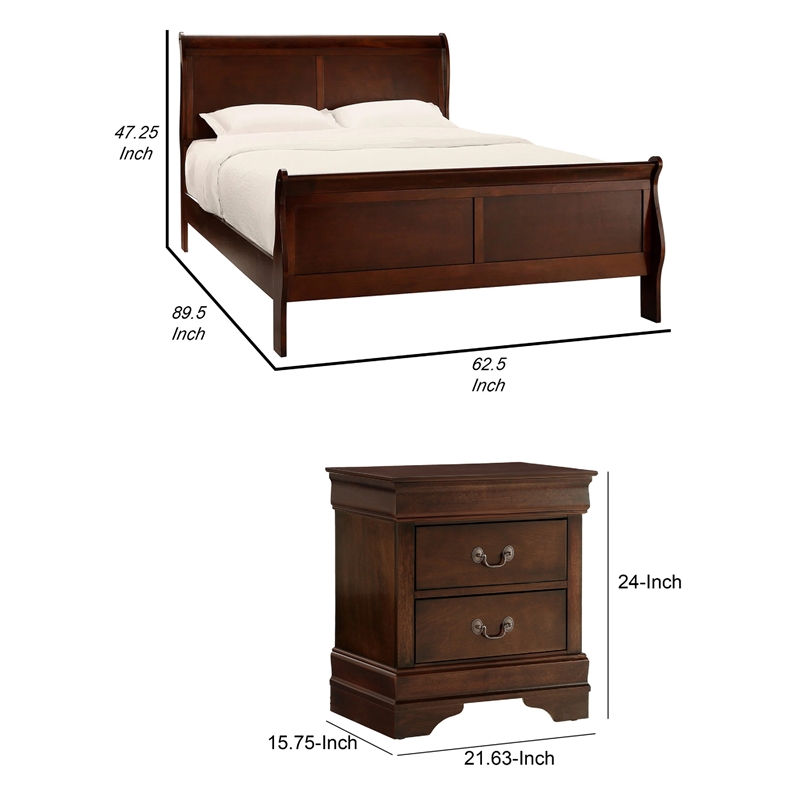 Queen Size Bedroom Set- Brown Finish- 3-Piece Set with Bed and Two Nightstands