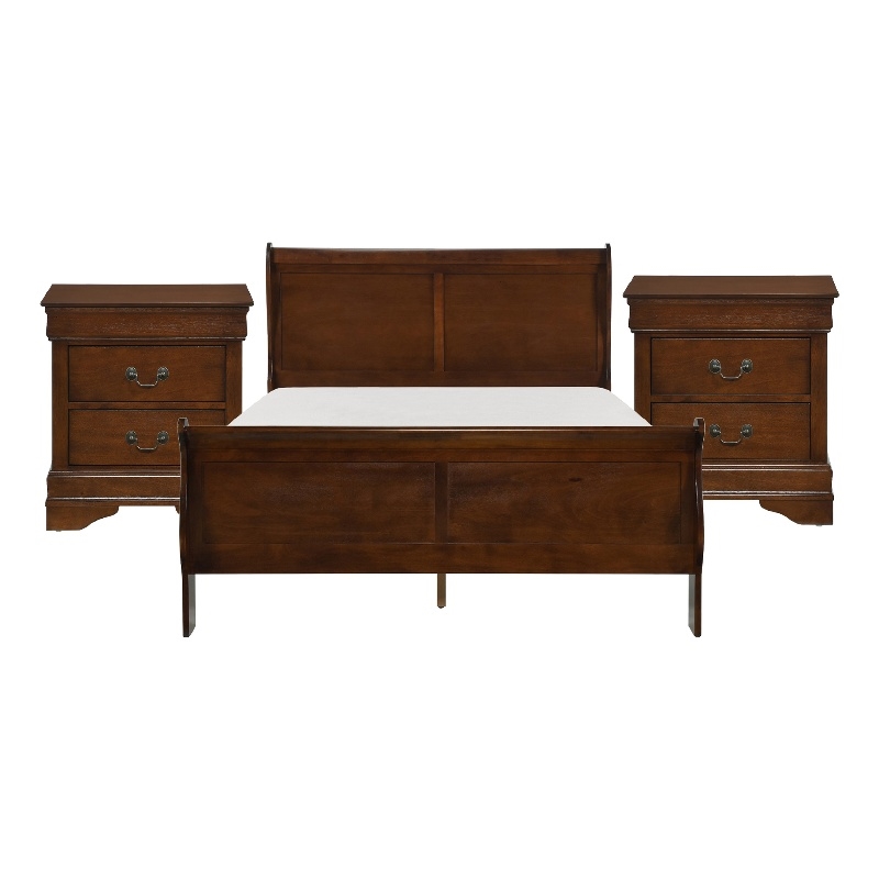 Queen Size Bedroom Set- Brown Finish- 3-Piece Set with Bed and Two Nightstands