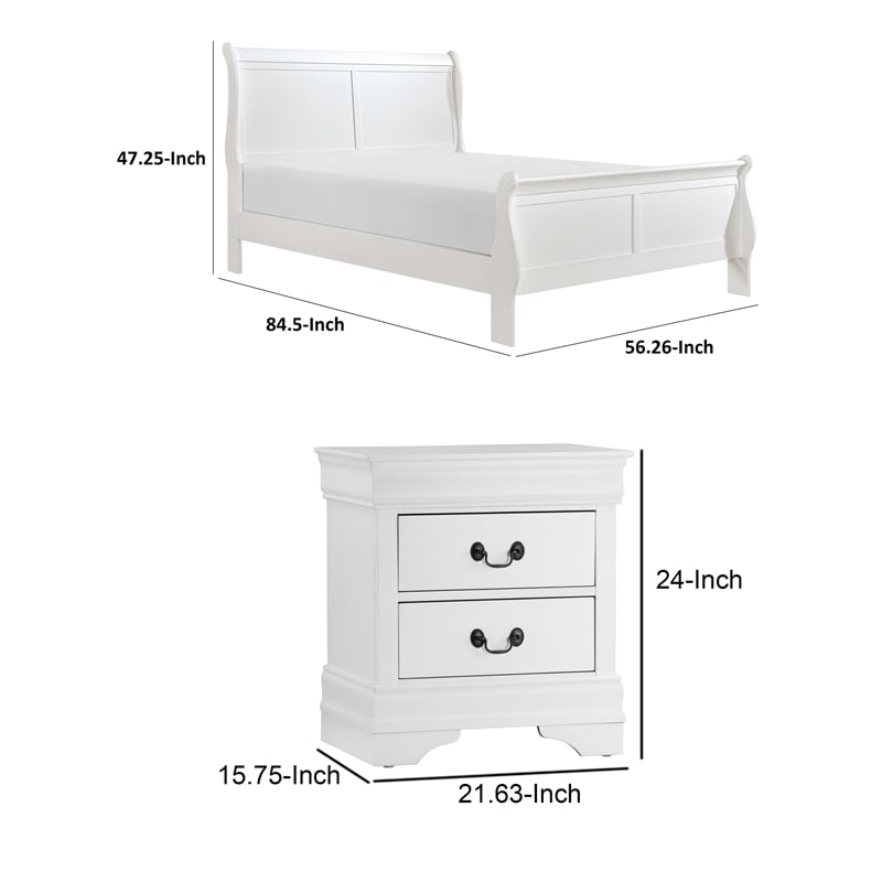 Full Size Bedroom Set- White Finish- 2-Piece Set with Bed and Nightstand