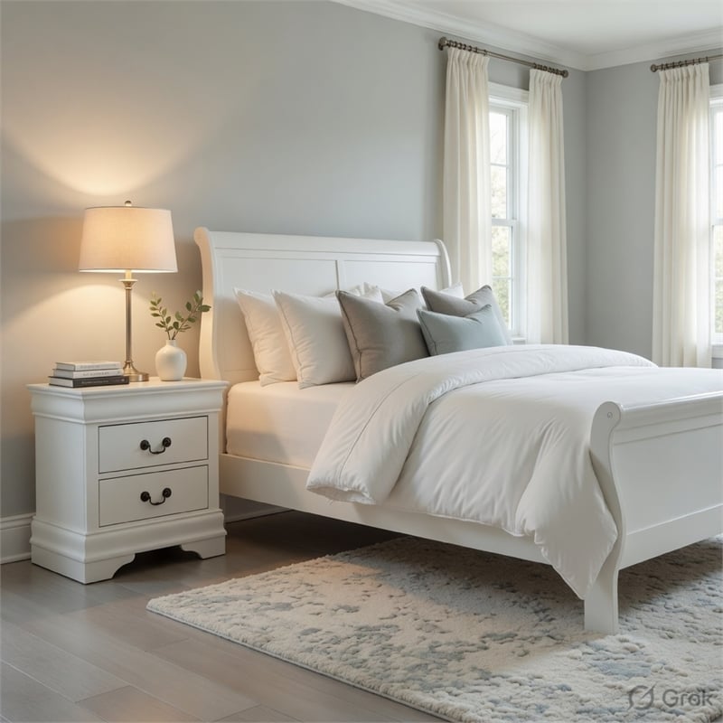 Full Size Bedroom Set- White Finish- 2-Piece Set with Bed and Nightstand