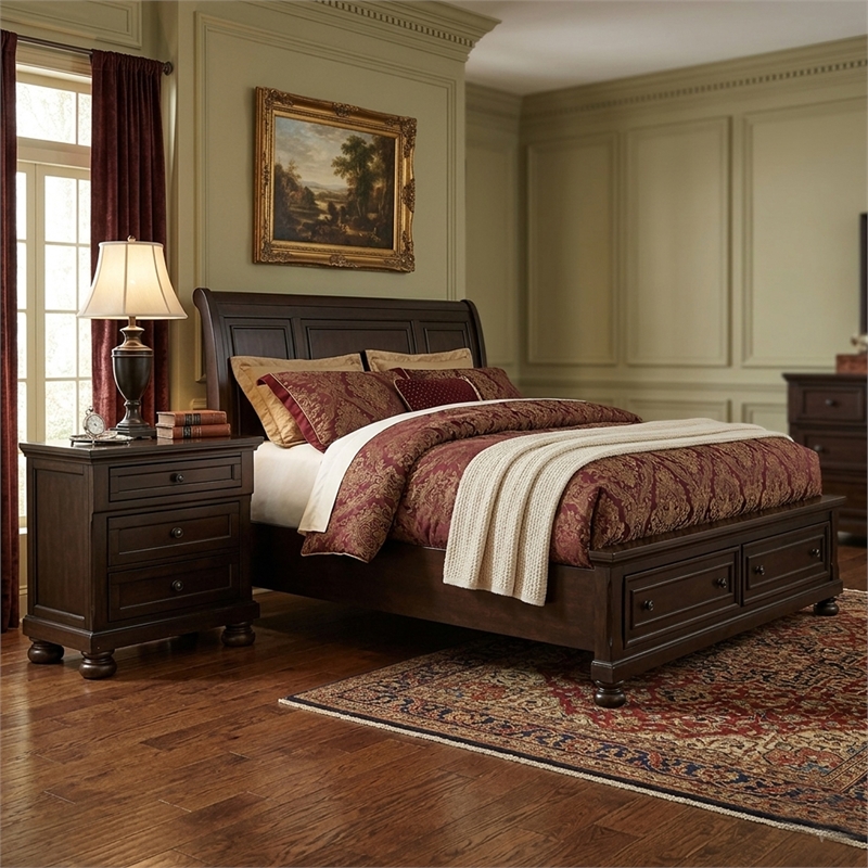 Queen Size Bedroom Set-Brown-Storage Bed with Drawer-2-Piece with Bed-Nightstand