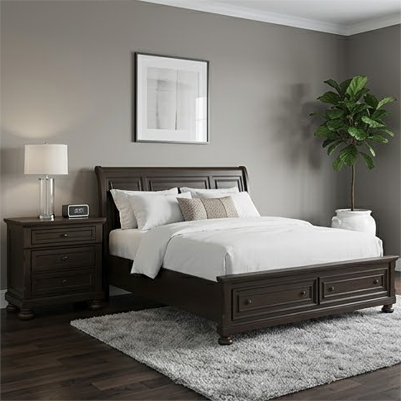 Queen Size Bedroom Set-Brown-Storage Bed with Drawer-2-Piece with Bed-Nightstand