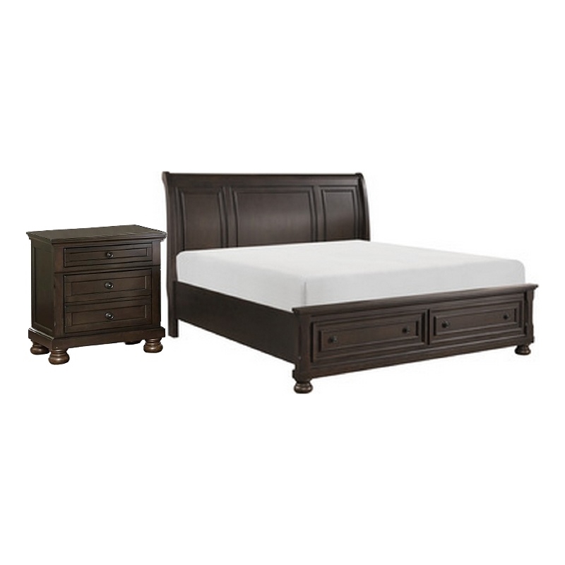 Queen Size Bedroom Set-Brown-Storage Bed with Drawer-2-Piece with Bed-Nightstand