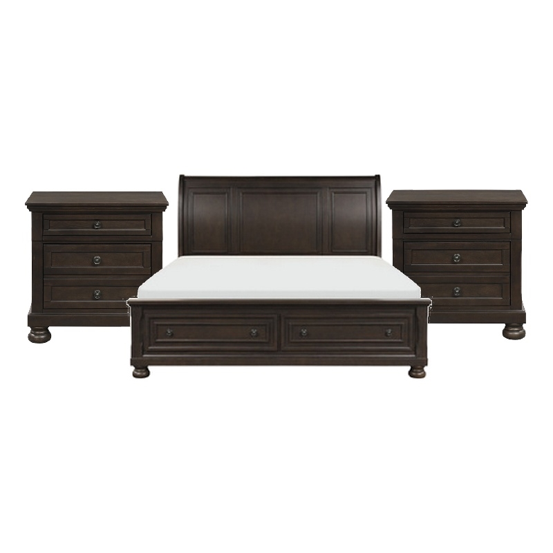 Queen Bedroom Set-Brown-Storage Bed with Drawer-3-Piece with Bed-Two Nightstand