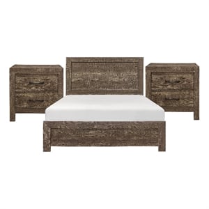 King Size Bedroom Set-Brown-Panel Design-3-Piece Set with Bed and Two Nightstand