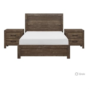King Size Bedroom Set-Brown-Panel Design-3-Piece Set with Bed and Two Nightstand