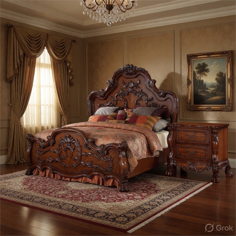 Queen Size Bedroom Set- Brown Finish- 2-Piece Set with Bed and Nightstand