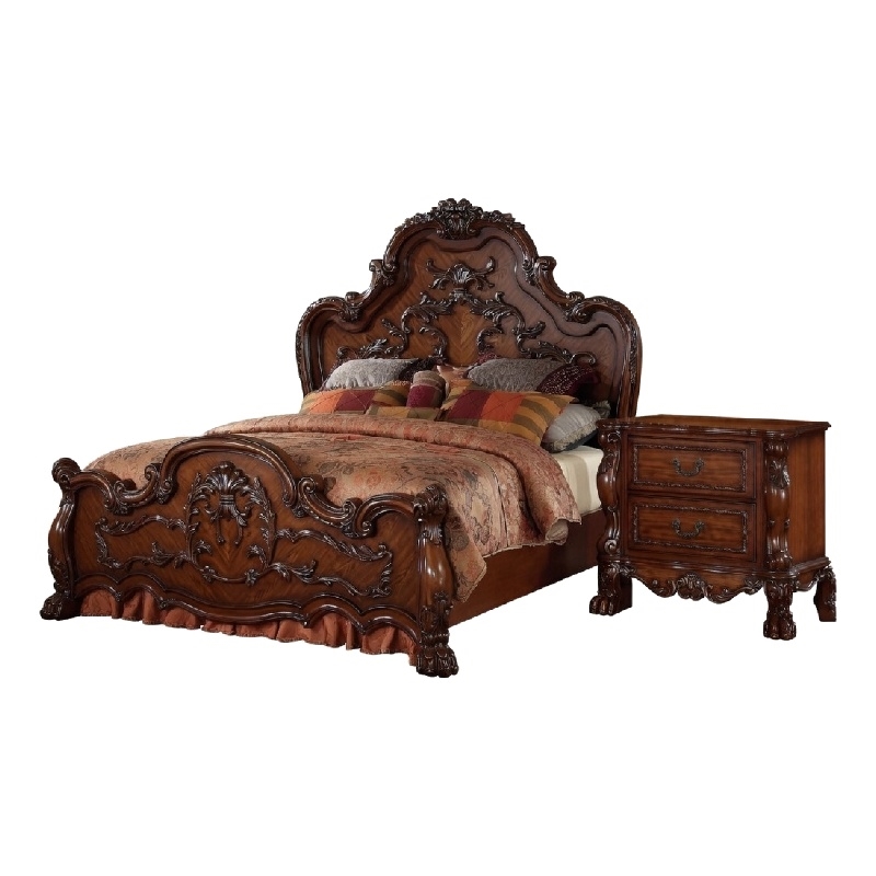 Queen Size Bedroom Set- Brown Finish- 2-Piece Set with Bed and Nightstand