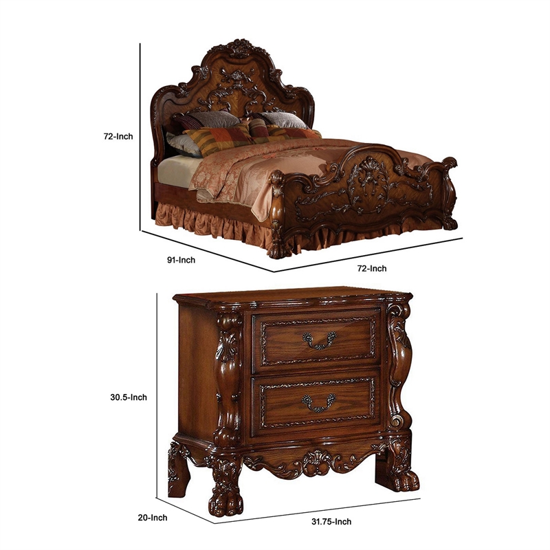 Queen Size Bedroom Set- Brown Finish- 3-Piece Set with Bed and Two Nightstands