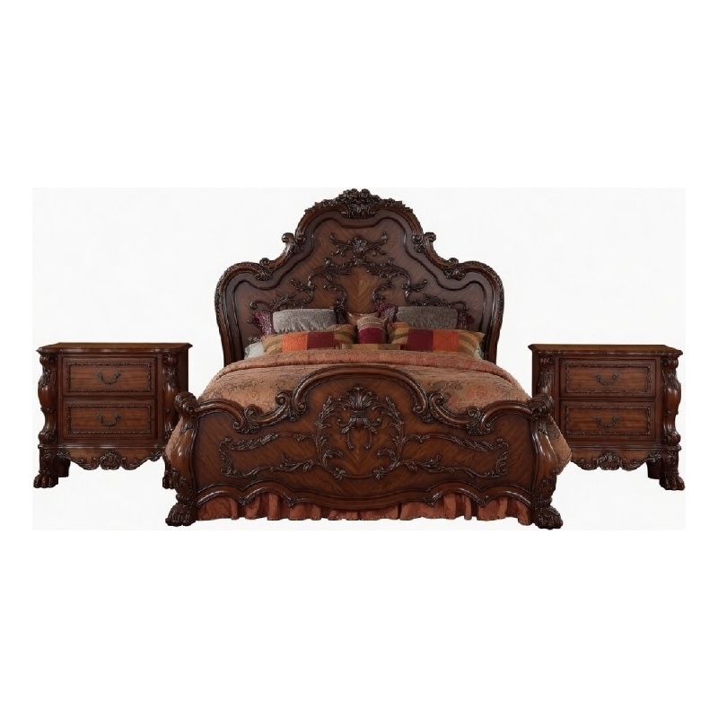 Queen Size Bedroom Set- Brown Finish- 3-Piece Set with Bed and Two Nightstands