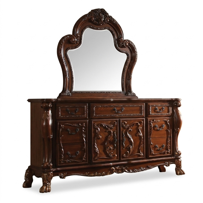 Queen Bedroom Set-Wood Design-Brown-5-Piece Set-Bed-2 Nightstand-Dresser-Mirror