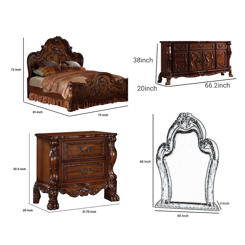 Queen Bedroom Set-Wood Design-Brown-5-Piece Set-Bed-2 Nightstand-Dresser-Mirror