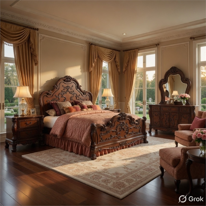 Queen Bedroom Set-Wood Design-Brown-5-Piece Set-Bed-2 Nightstand-Dresser-Mirror
