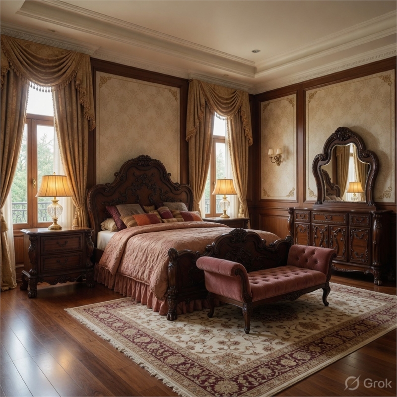 Queen Bedroom Set-Wood Design-Brown-5-Piece Set-Bed-2 Nightstand-Dresser-Mirror