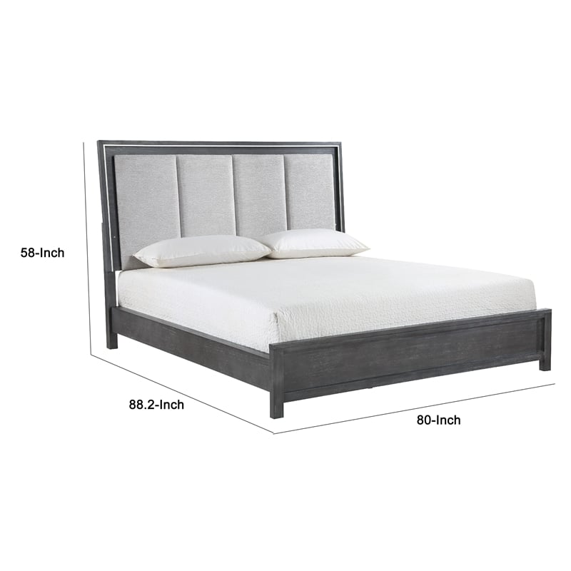 Odiy King Size Bed- Vertical Padded Gray Upholstery- LED Headboard