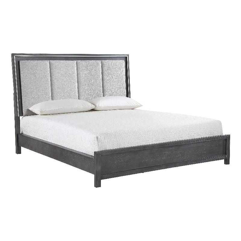 Odiy King Size Bed- Vertical Padded Gray Upholstery- LED Headboard