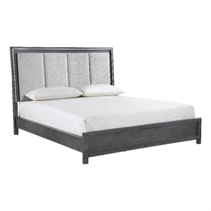 Odiy King Size Bed- Vertical Padded Gray Upholstery- LED Headboard
