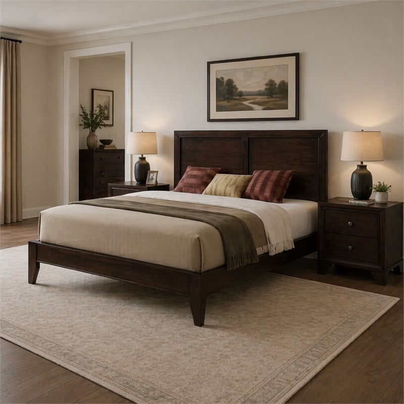 Queen Size Bedroom Set- Brown Finish- 3-Piece Set with Bed and Two Nightstands